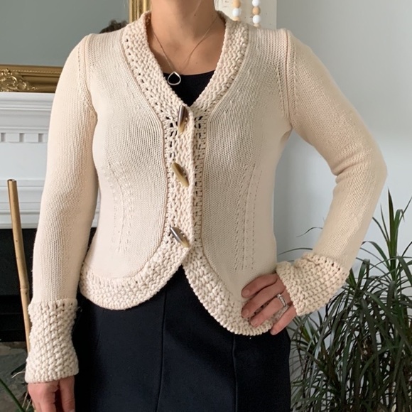 Les Copains Blue Wool Knit Crochet Cardigan size M 42 made in Italy beige - Picture 1 of 16